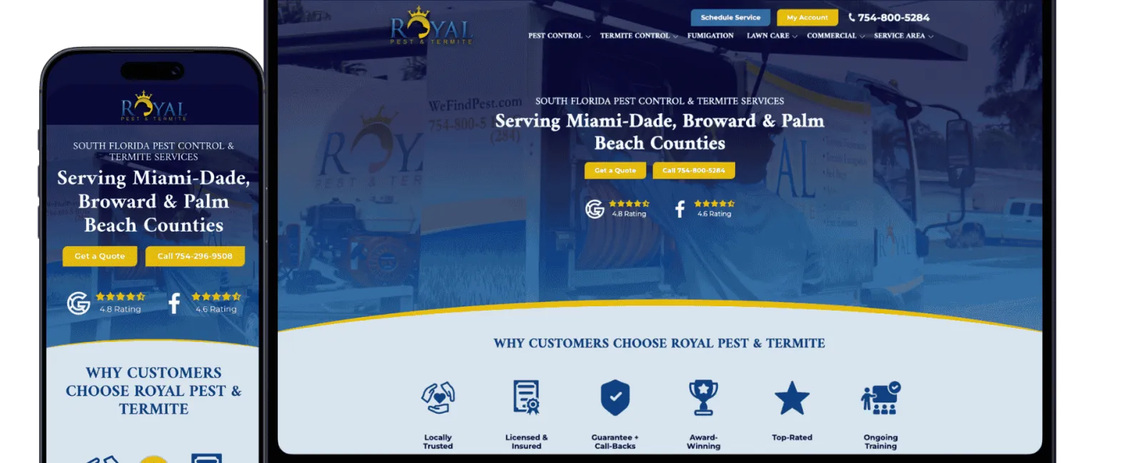 Royal Pest & Termite Services website on mobile and laptop showcasing pest control services in South Florida.
