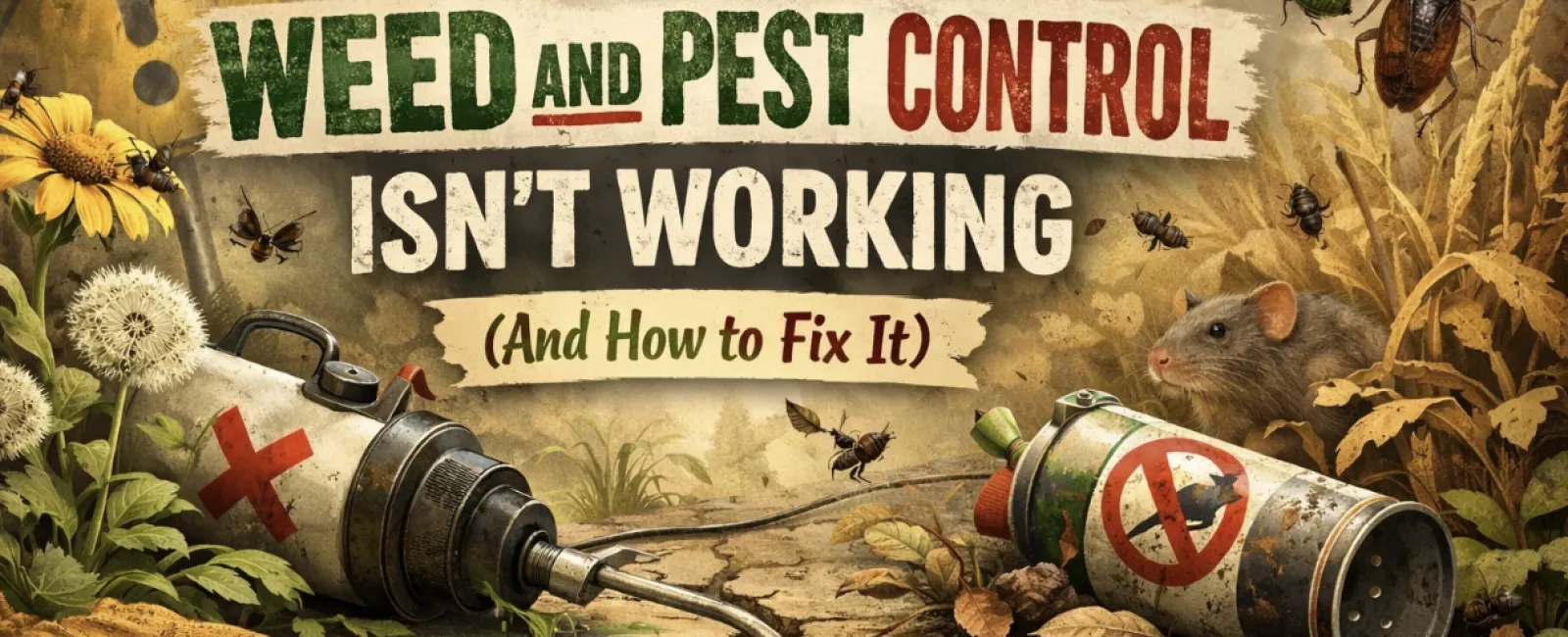 Illustration highlighting reasons why weed and pest control fails with gardening tools and pests around.