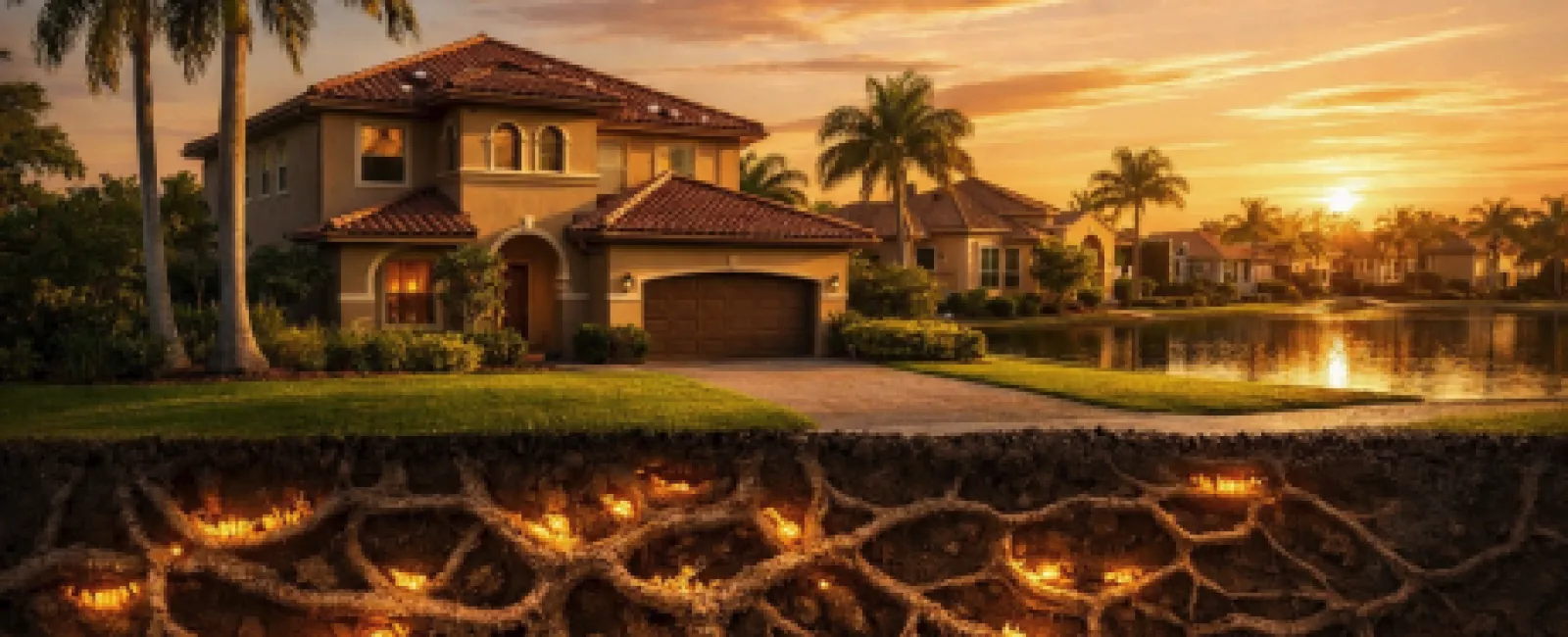 Suburban house at sunset with underground glowing root system beneath the lawn and driveway.