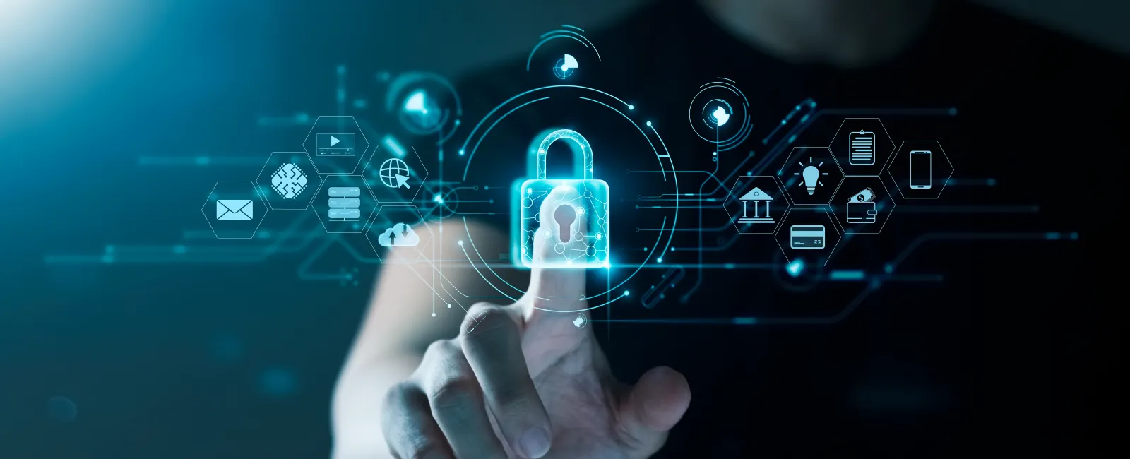 Person interacting with digital lock icon and cyber security interface with glowing blue technology symbols.