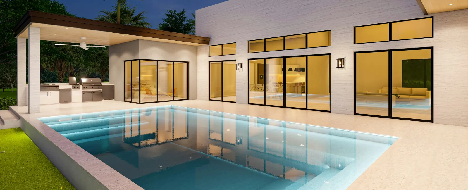 Modern house exterior with large glass windows and a lit swimming pool at night under a clear sky.