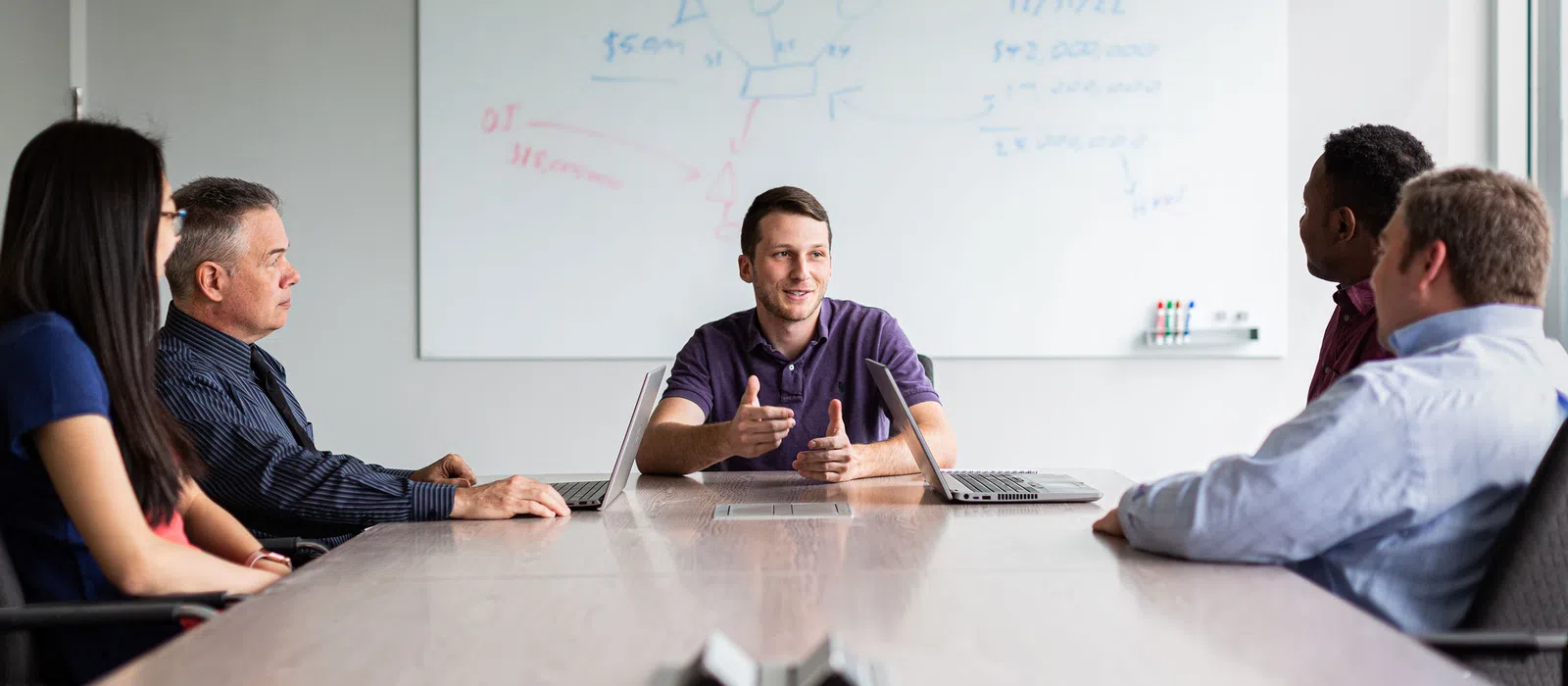 Business team discussing project ideas around a conference table with laptops and a whiteboard in background