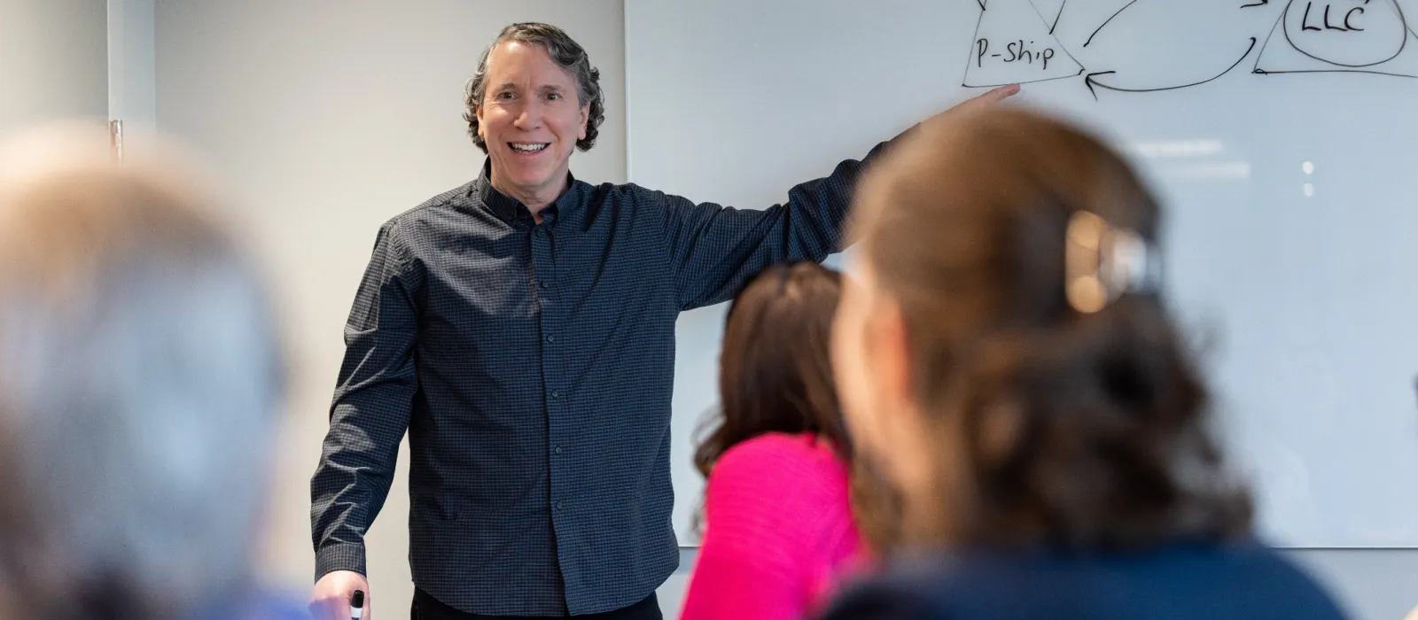 a man smiling and pointing to a white board