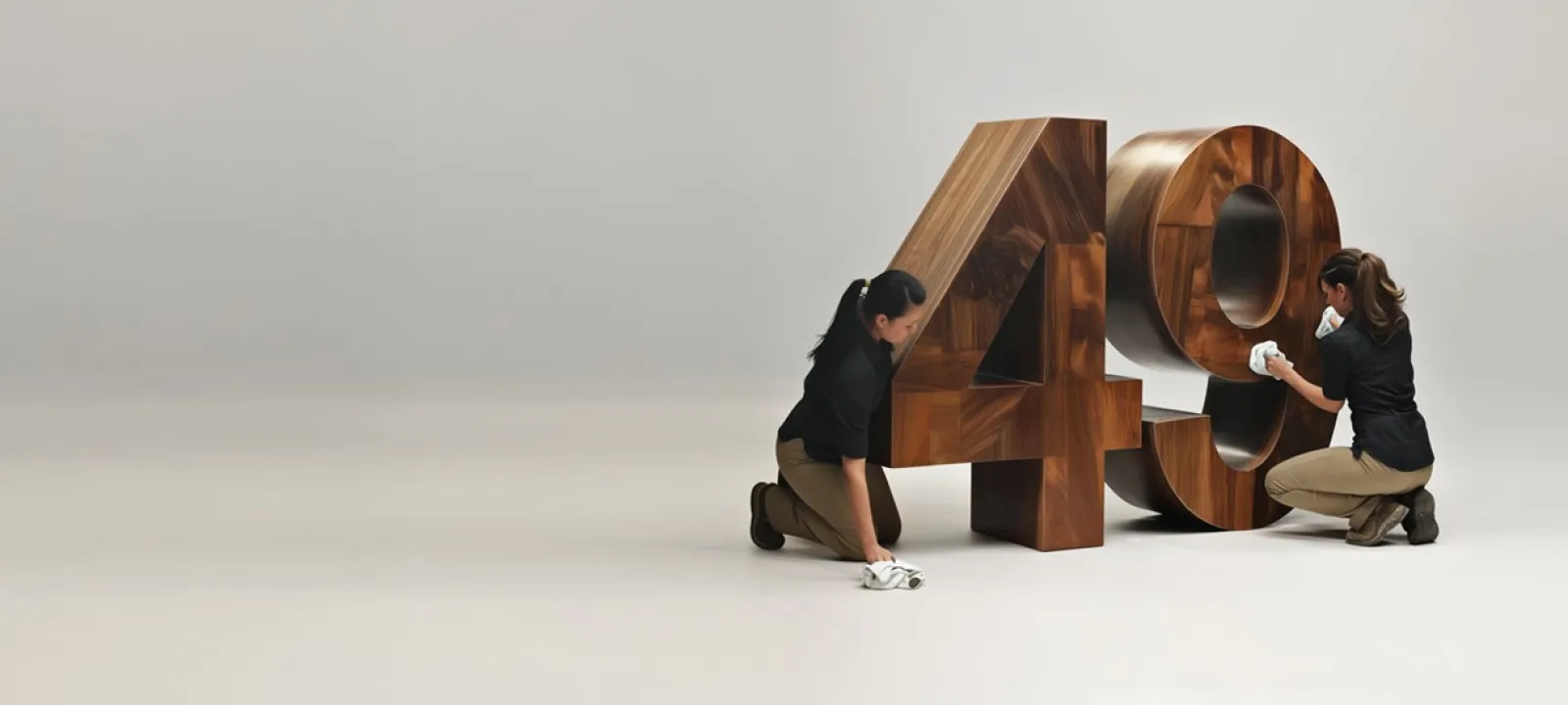 Two women polishing large wooden numbers 4 and 9 in a bright minimalist space.