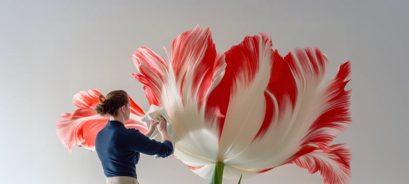 Woman in navy sweater wiping oversized red and white tulip petals against a neutral background.
