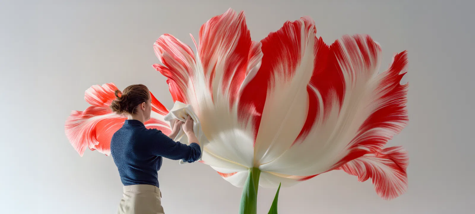Woman cleaning or admiring a giant red and white striped parrot tulip flower against neutral background.