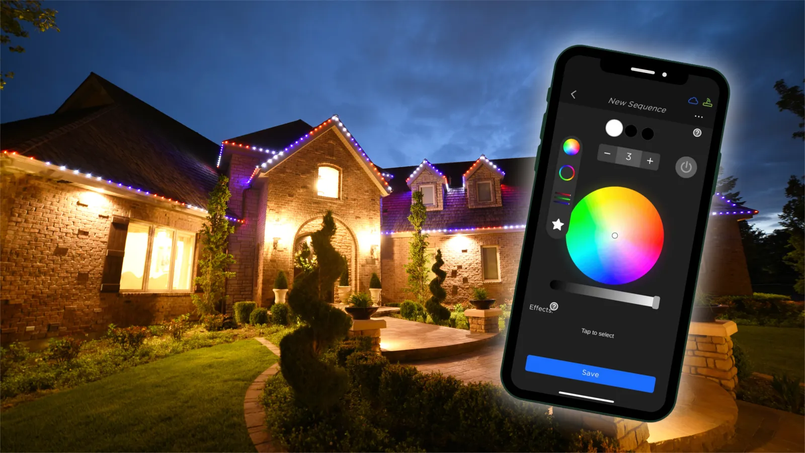 Smartphone app controlling colorful LED roof lights on a brick house at dusk with garden landscaping.