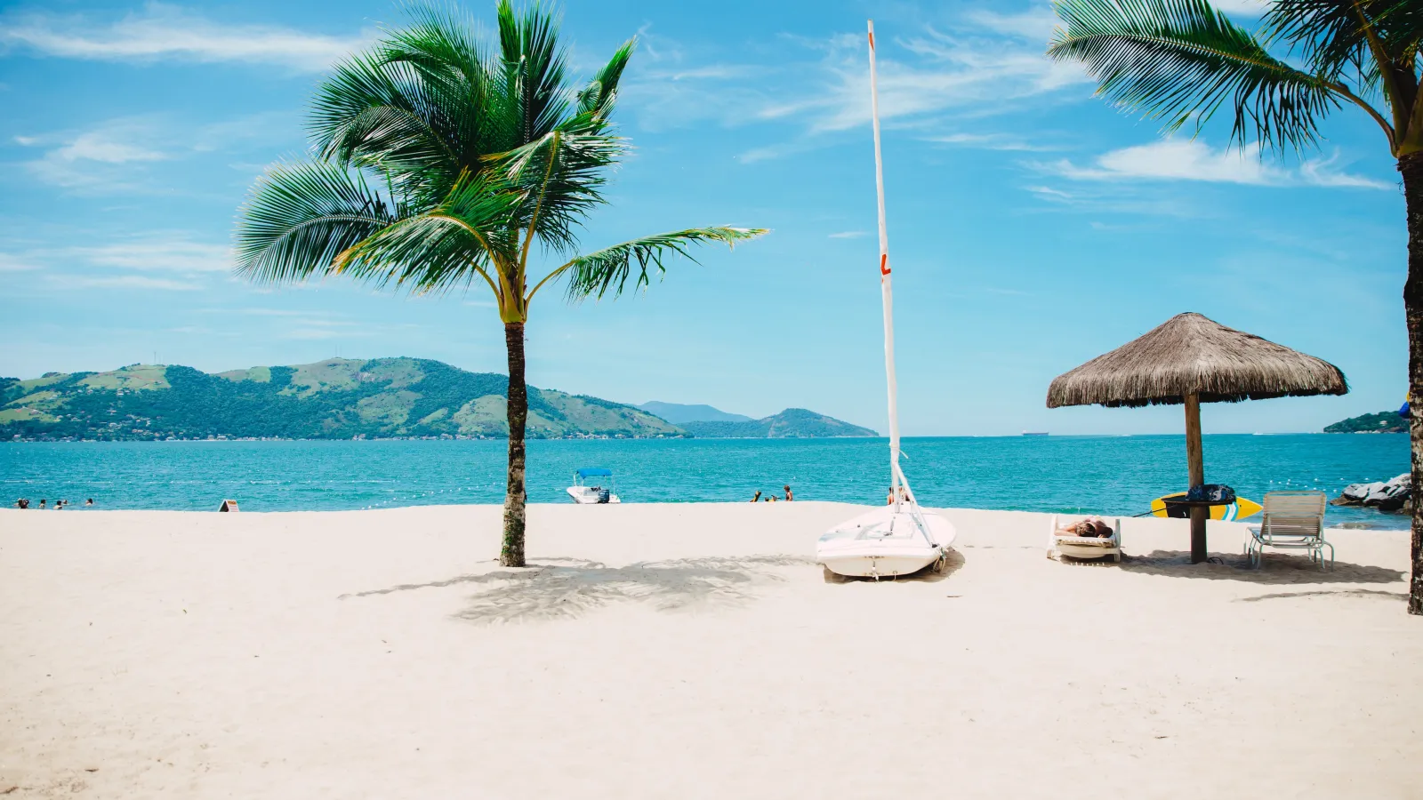 an umbrella sitting on top of a sandy beach next to a palm tree