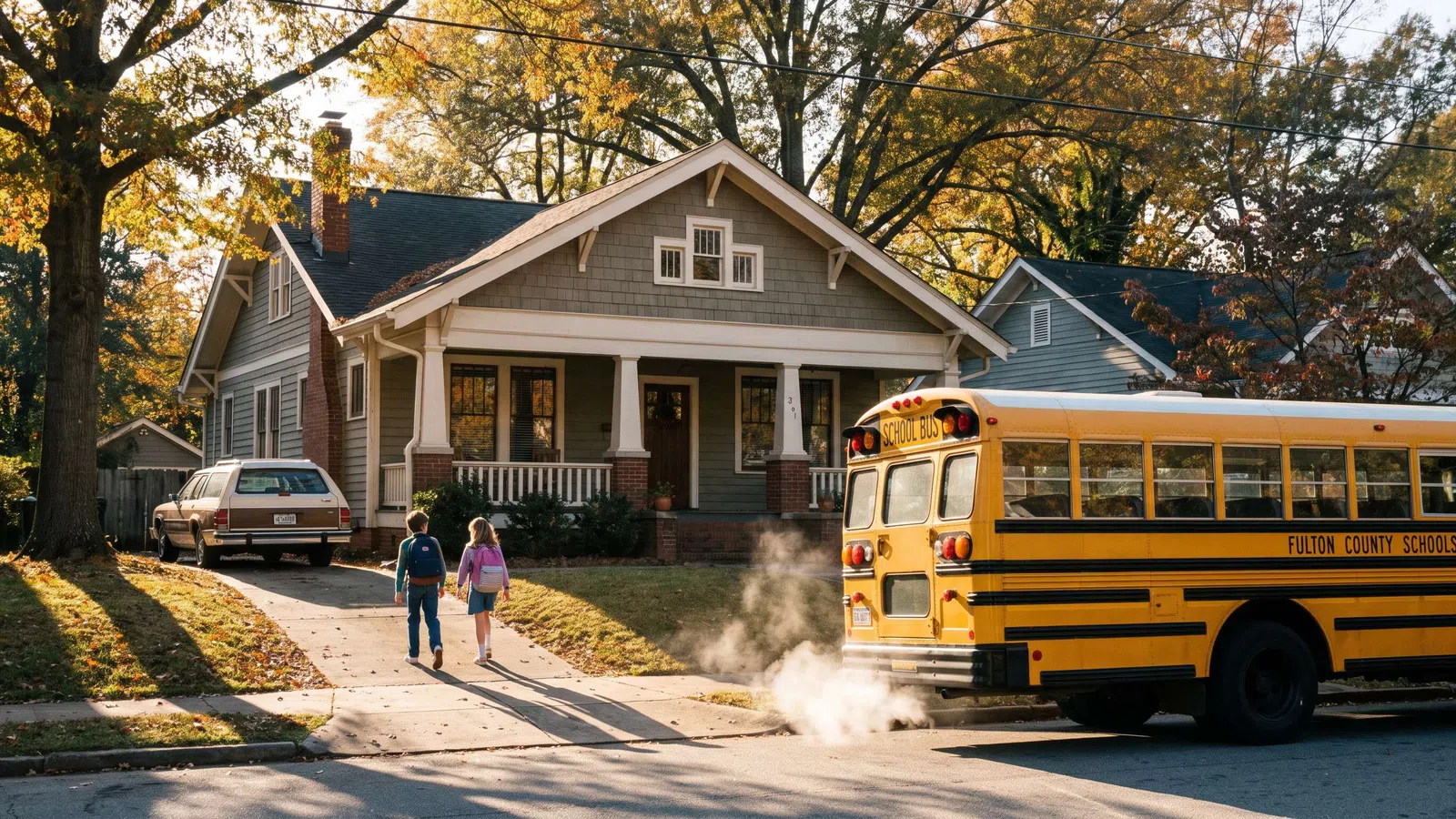 Two children walk on a sidewalk towards a suburban house while a yellow school bus waits nearby in autumn.