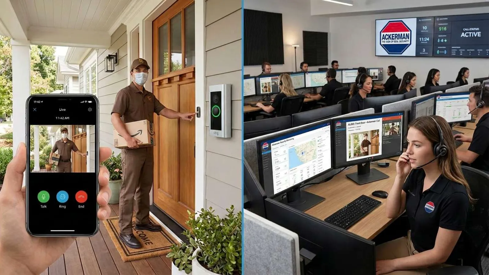 Person in uniform delivering a package and monitoring security footage on phone, with a busy control center indoors.