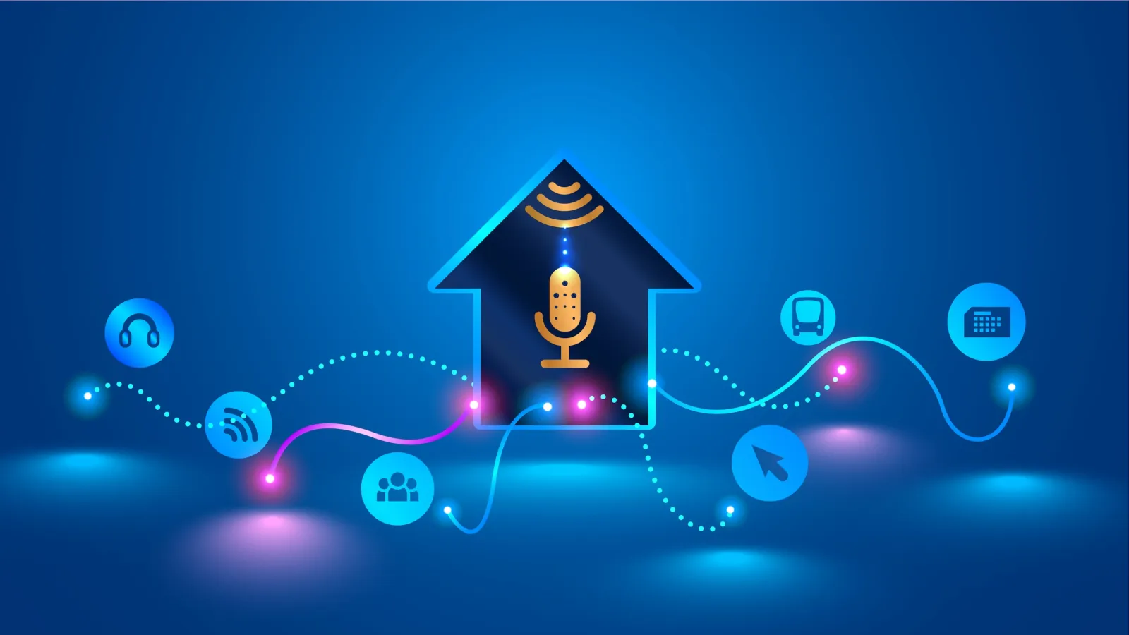 Smart home technology concept with microphone icon and connected digital service icons on blue background