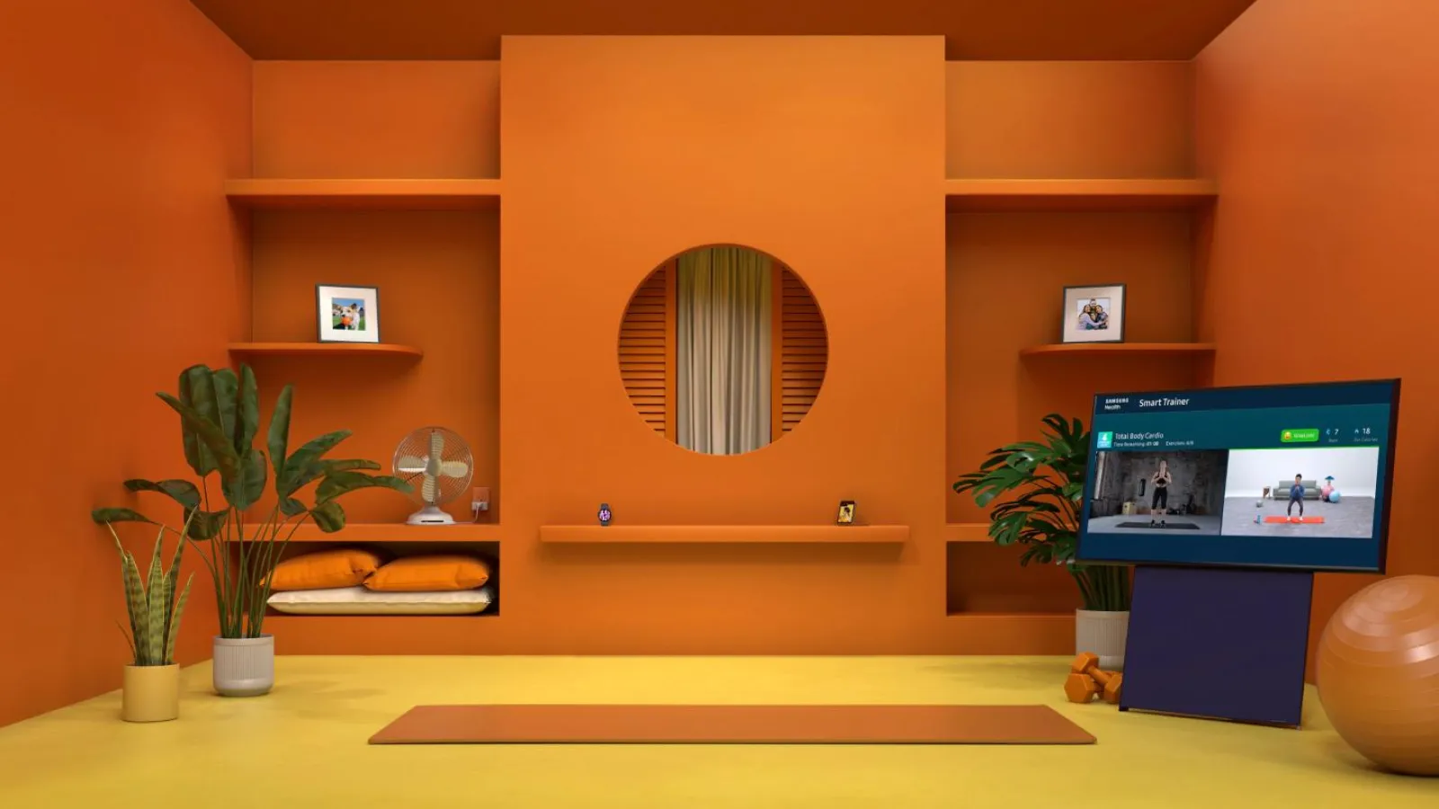 Modern home workout room with orange walls, yoga mat, plants, exercise ball, and smart trainer screen.