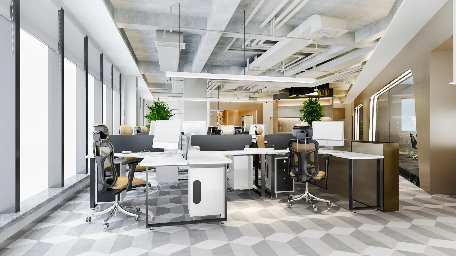 an office with a large white table and chairs