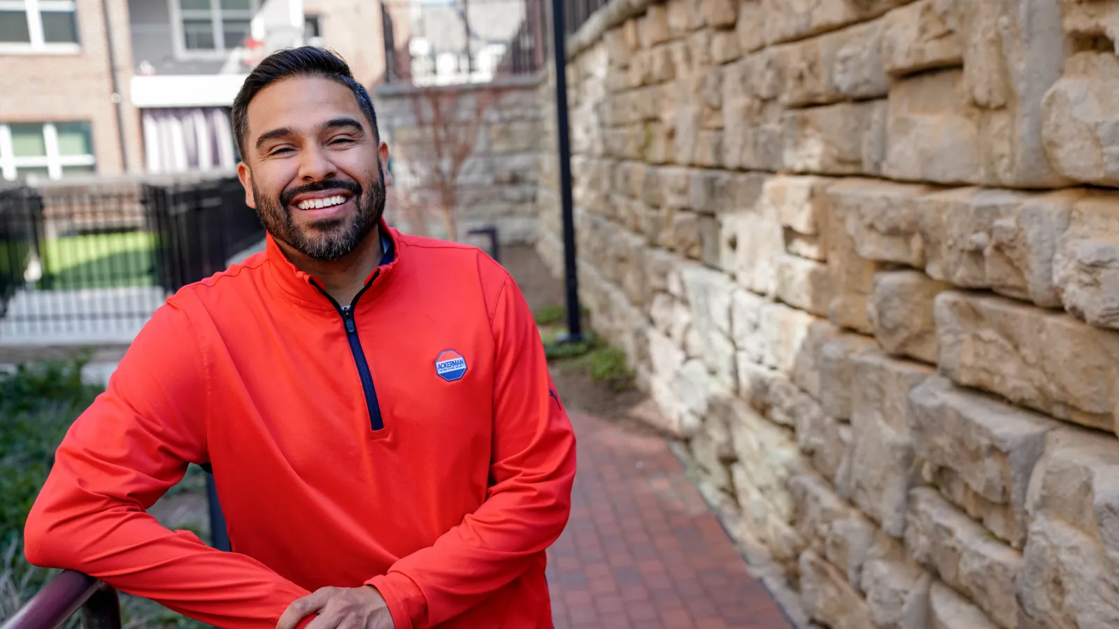 a man in a red shirt