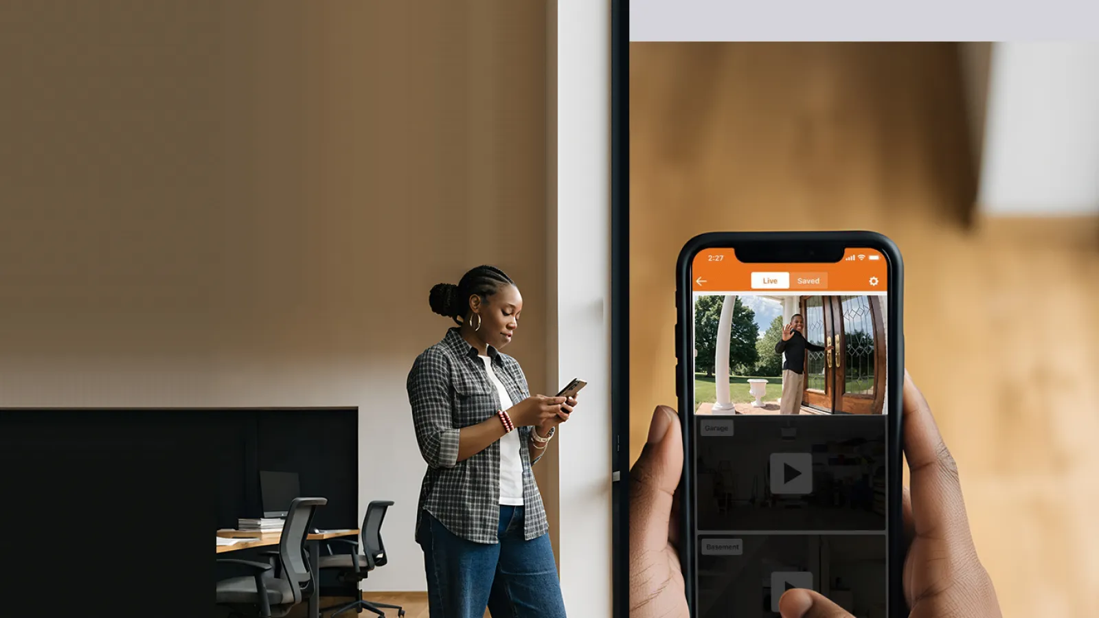 Woman standing in modern office looking at smartphone next to enlarged phone screen showing video app interface.
