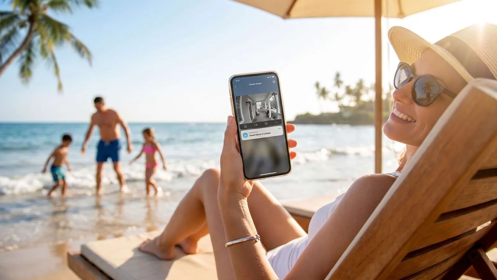Woman relaxing on beach chair using phone to monitor home security while family plays in ocean nearby