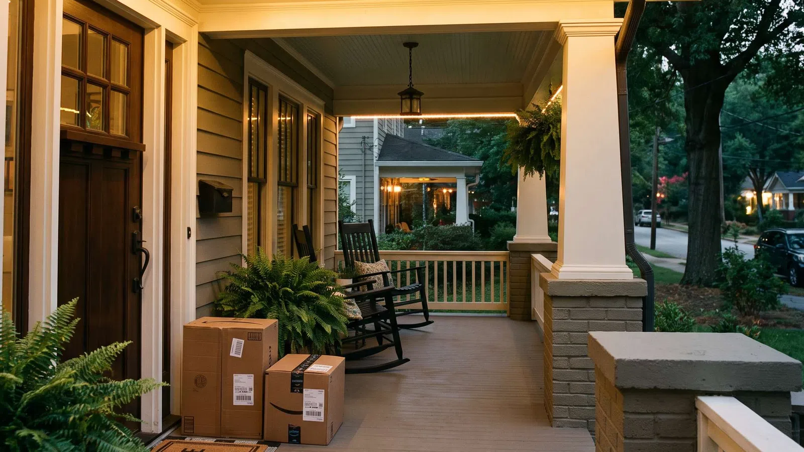 Cozy front porch at dusk with rocking chairs, welcome mat, potted plants, and Amazon delivery boxes on wooden floor.