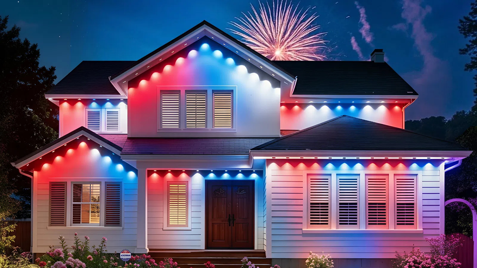 Two-story house decorated with red, white, and blue lights and fireworks in the night sky behind it.