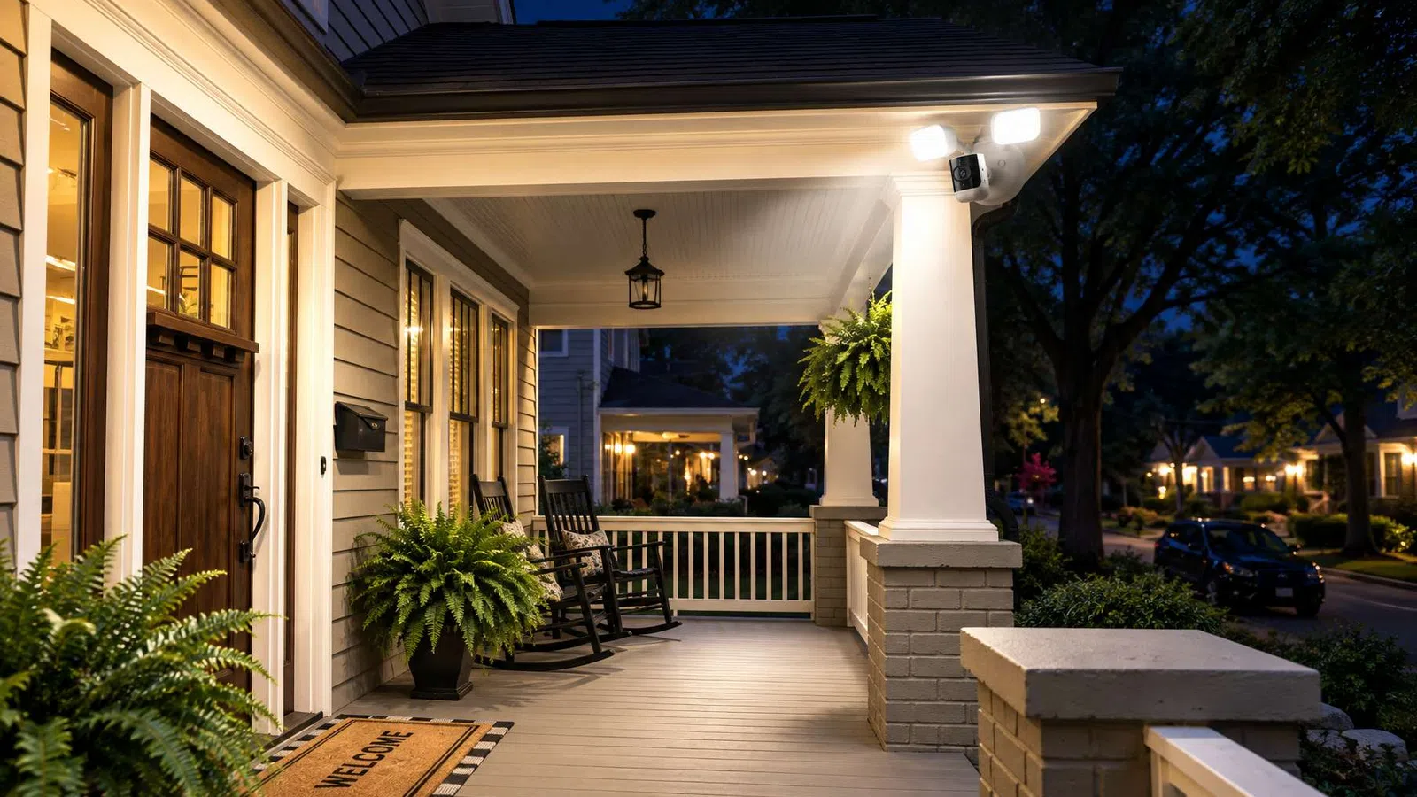 Cozy front porch at night with rocking chairs, plants, welcome mat, and warm lighting on a suburban street.