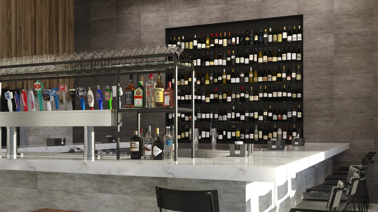 Modern bar interior with a large marble counter, liquor bottles, beer taps, and seating under soft lighting.