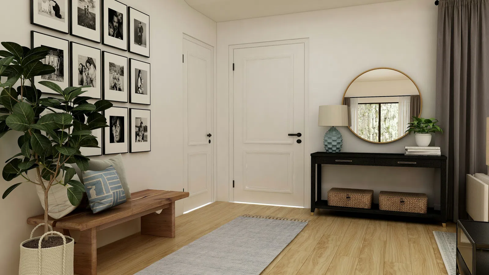 Modern entryway with wooden bench, gallery wall, round mirror, black console table, and light wood flooring.