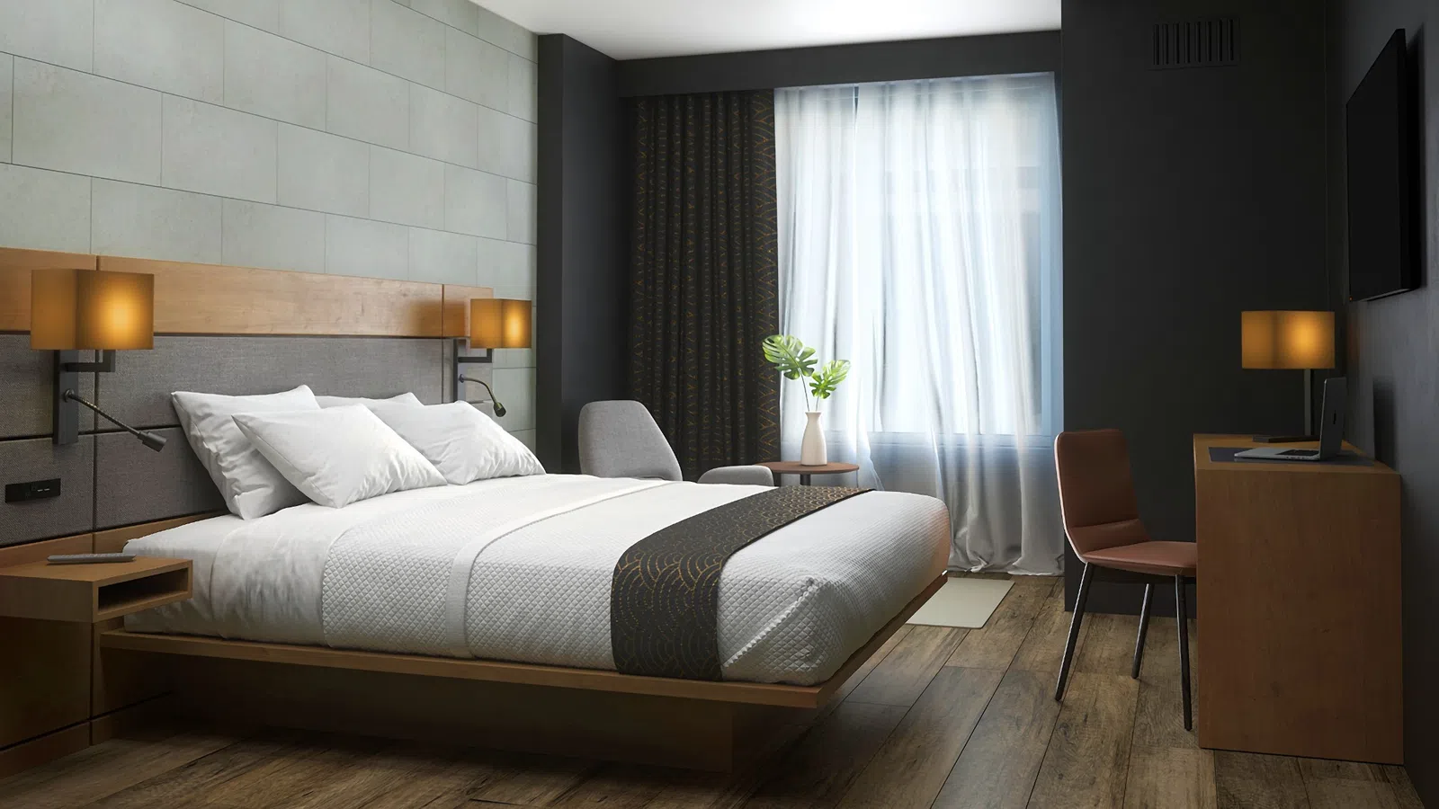 Modern hotel room with queen bed, wooden flooring, desk, chair, wall lamps, and large window with curtains