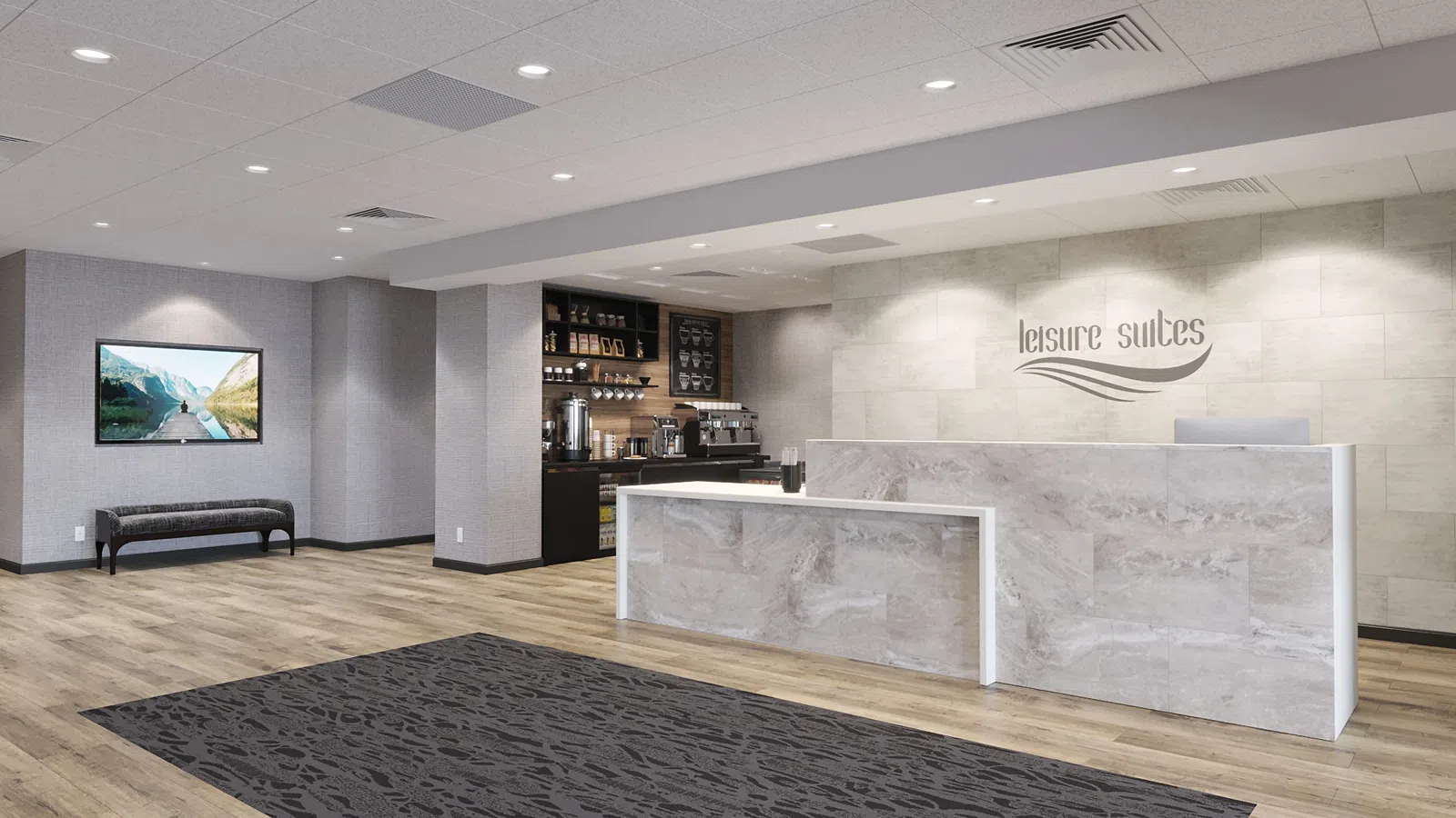 Modern hotel lobby with marble reception desk, coffee station, patterned rug, bench, and scenic wall art landscape.