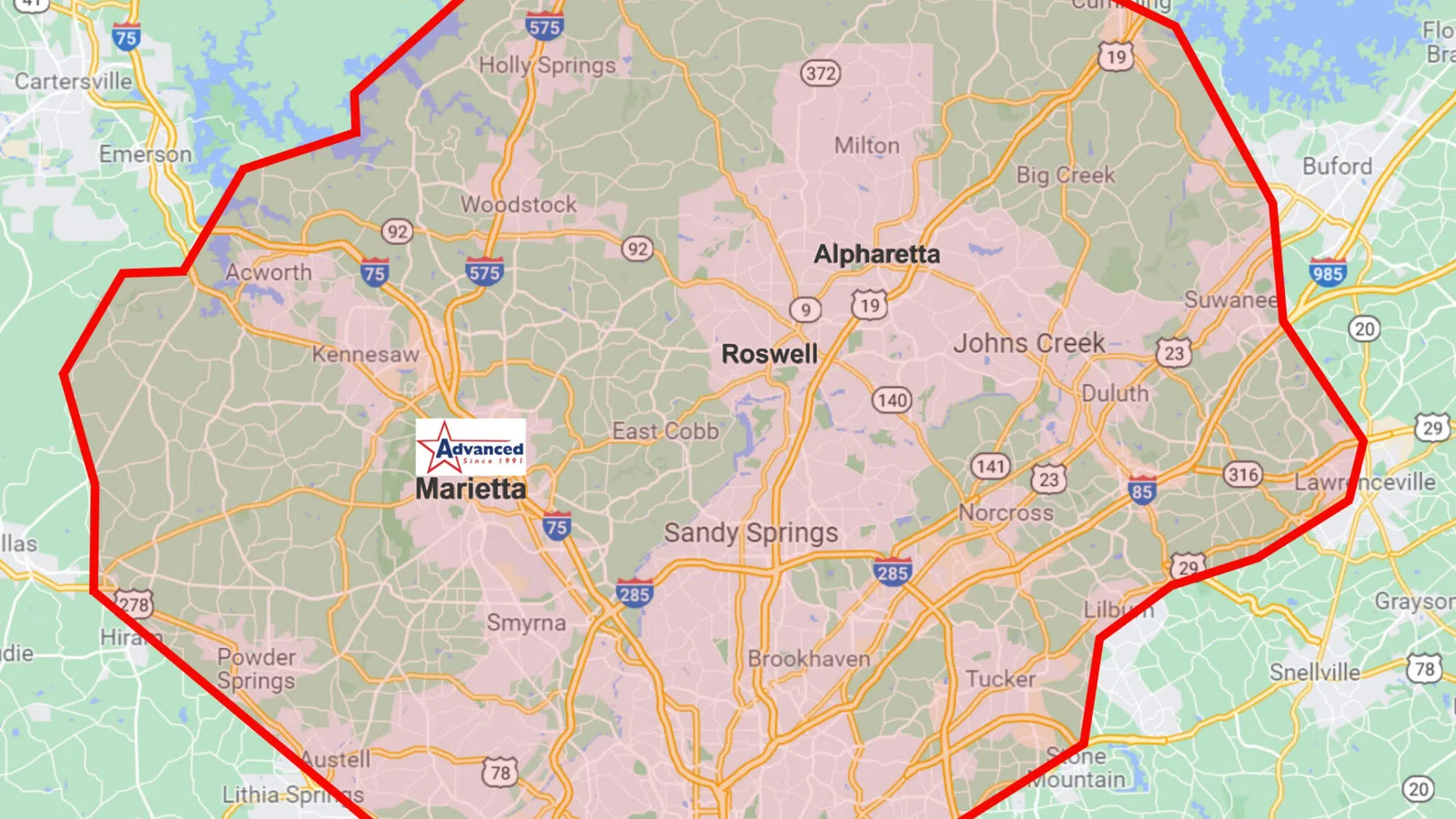 Map highlighting Alpharetta service area