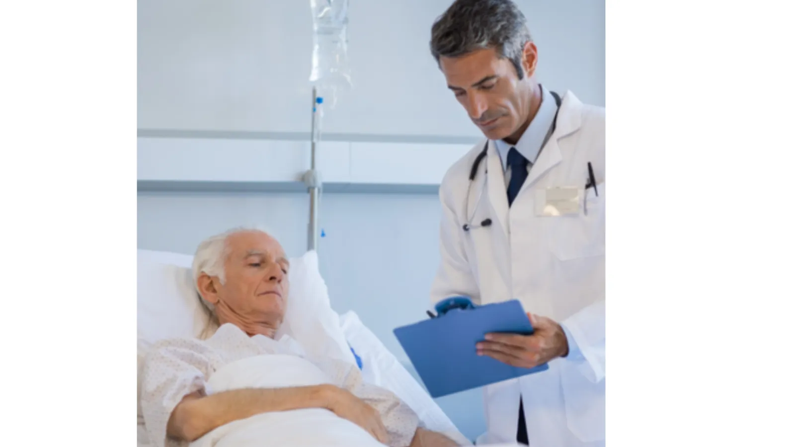 Healthcare professional examining a patient in a hospital bed, showcasing attentive care.