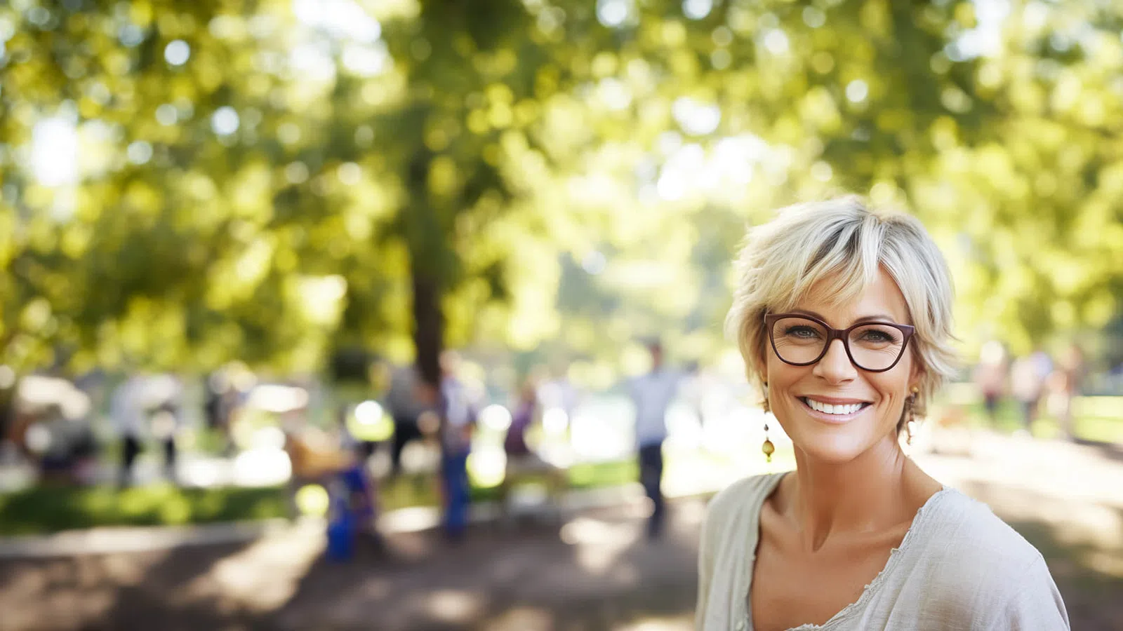 Smiling middle-aged woman with glasses outdoors in a sunlit park with blurred people and trees in background