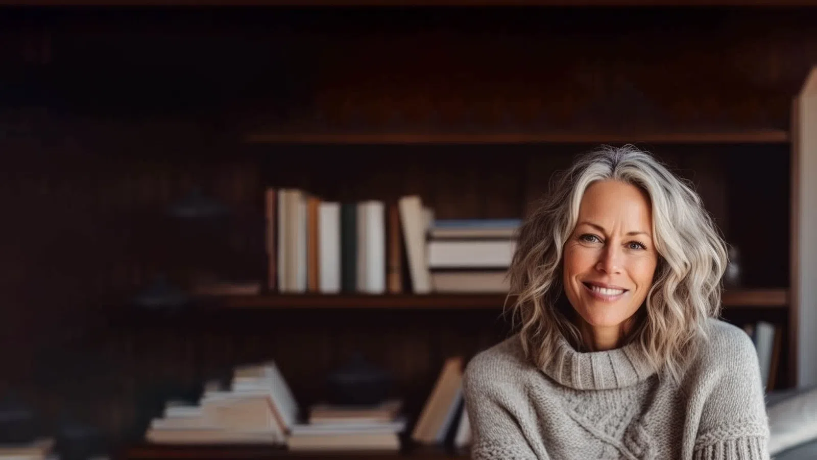 a person smiling in front of a bookshelf