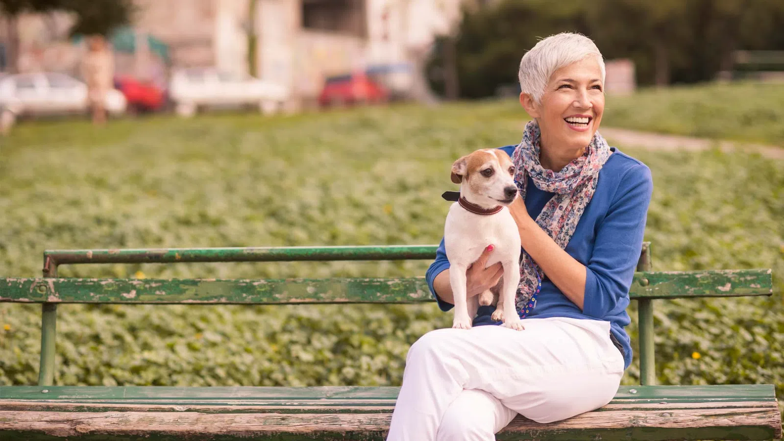 Elderly woman with short white hair sitting on a bench in park holding a small dog, smiling joyfully.