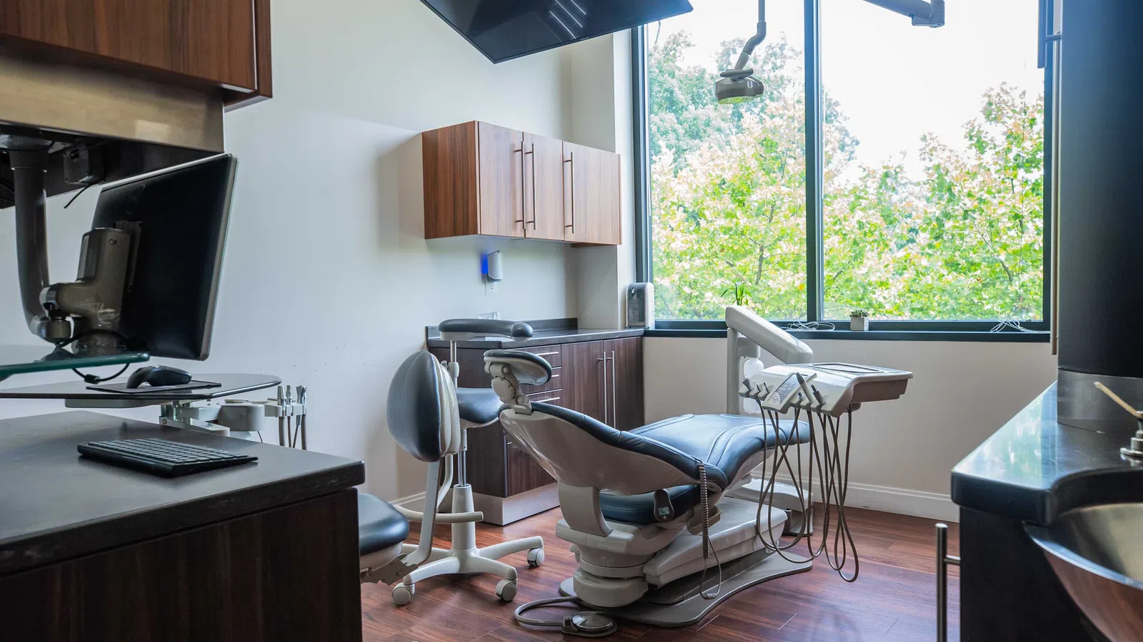 Modern dental clinic room with reclining chair, monitor, overhead light, wooden cabinets, and large window with greenery view.