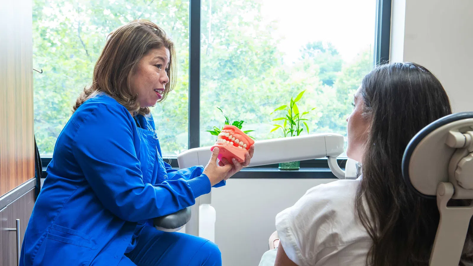 Dentist in blue scrubs explaining dental care using a teeth model to a patient in a dental office.