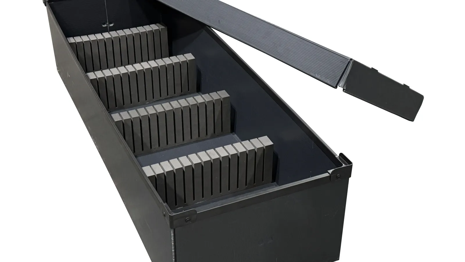 Black storage box with multiple foam slots and an open hinged lid for organizing items.