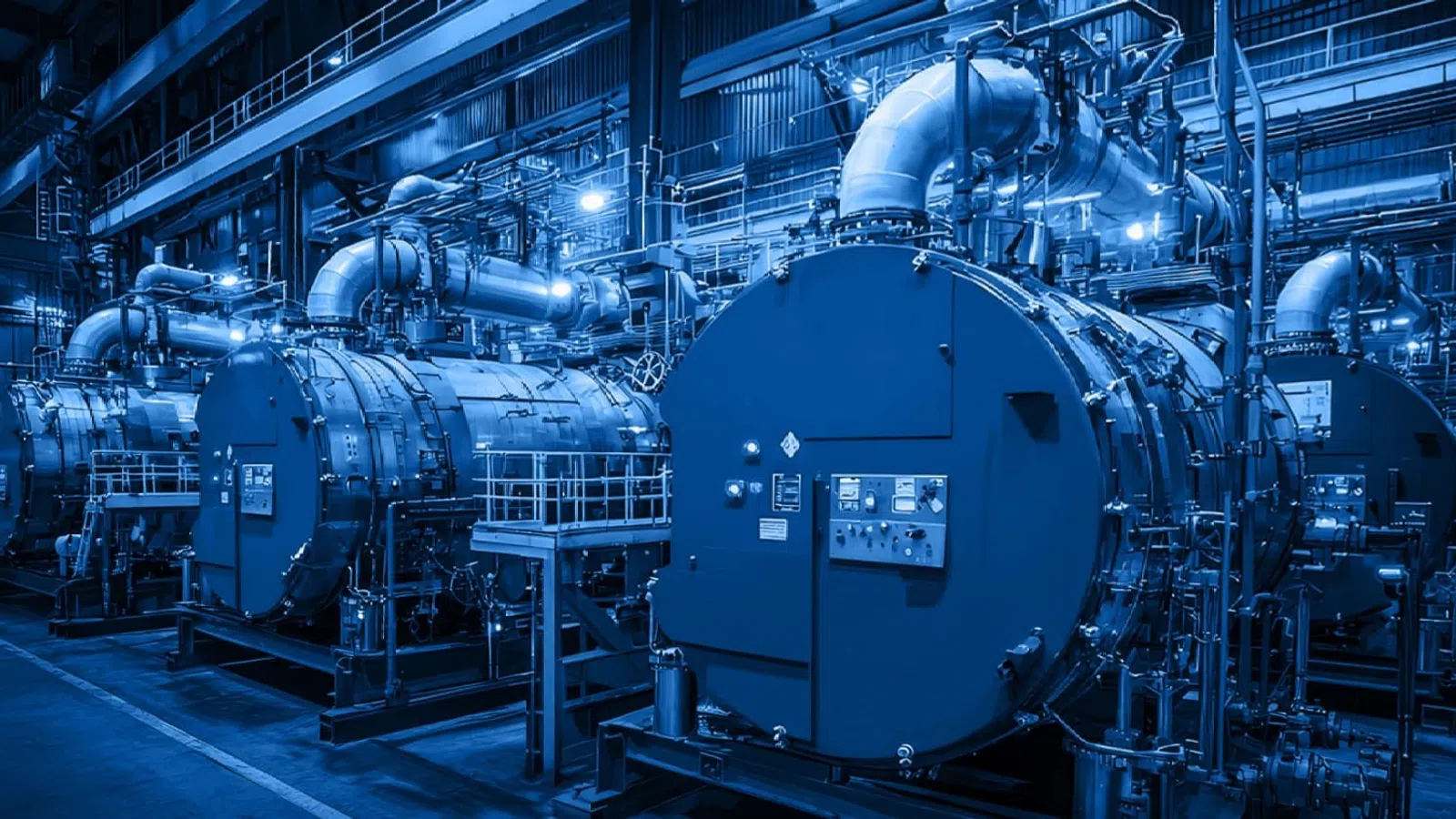 Industrial machinery with large cylindrical boilers and connected pipes inside a factory setting under blue lighting.