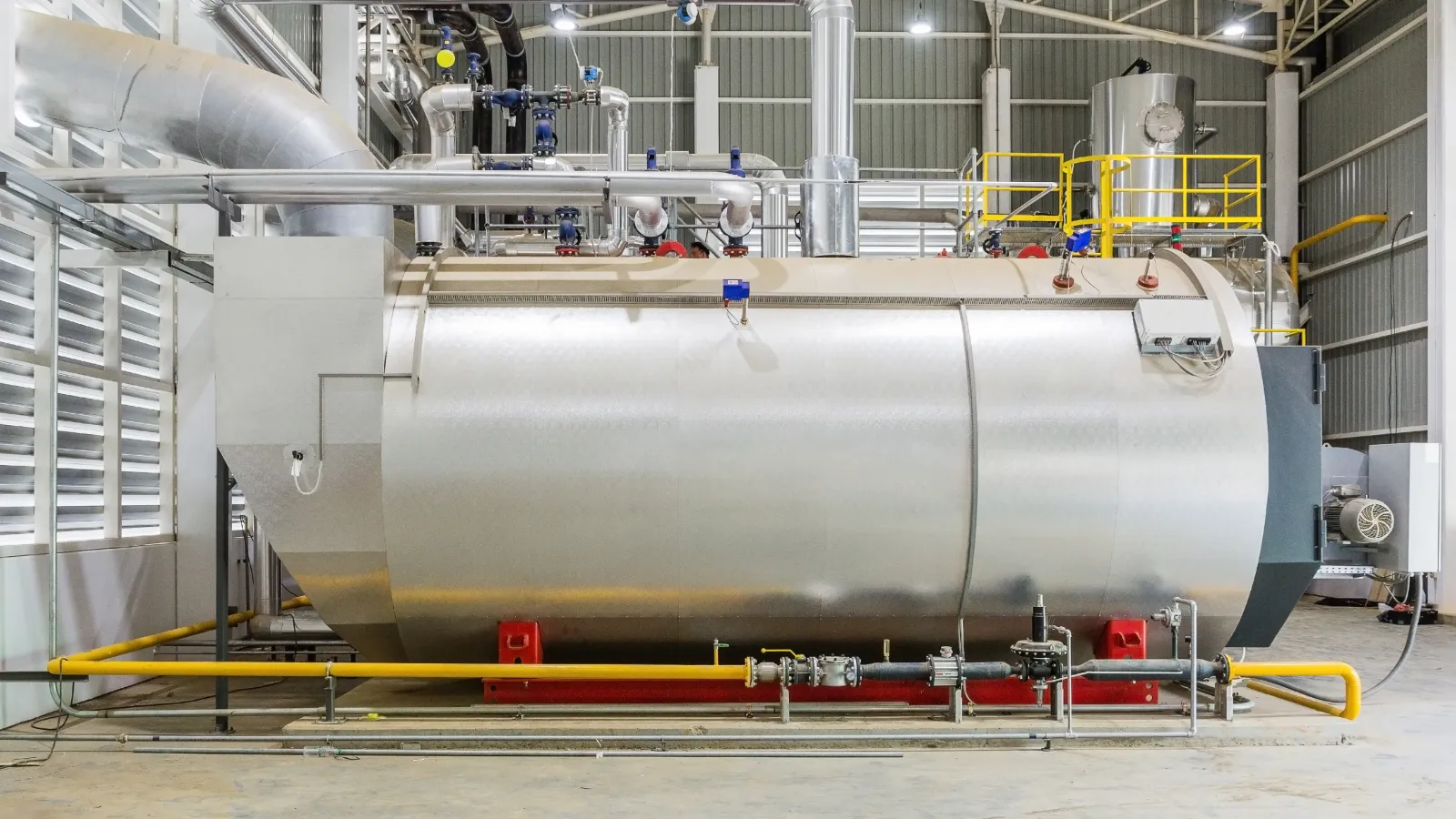 Large industrial boiler system with pipes, valves, and gauges inside a spacious facility.