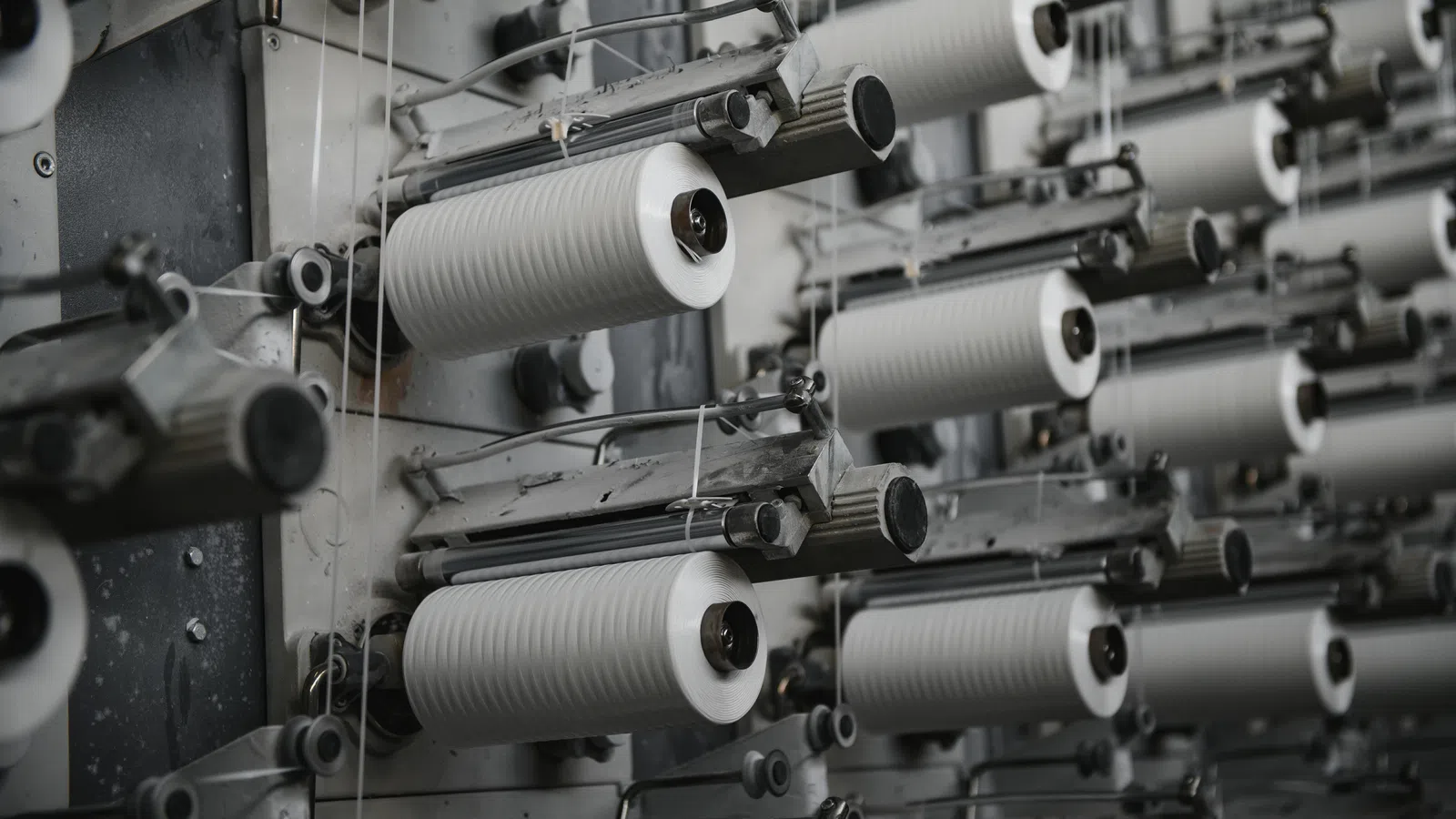 Close-up of industrial textile spools on machinery in a fabric manufacturing factory setting.