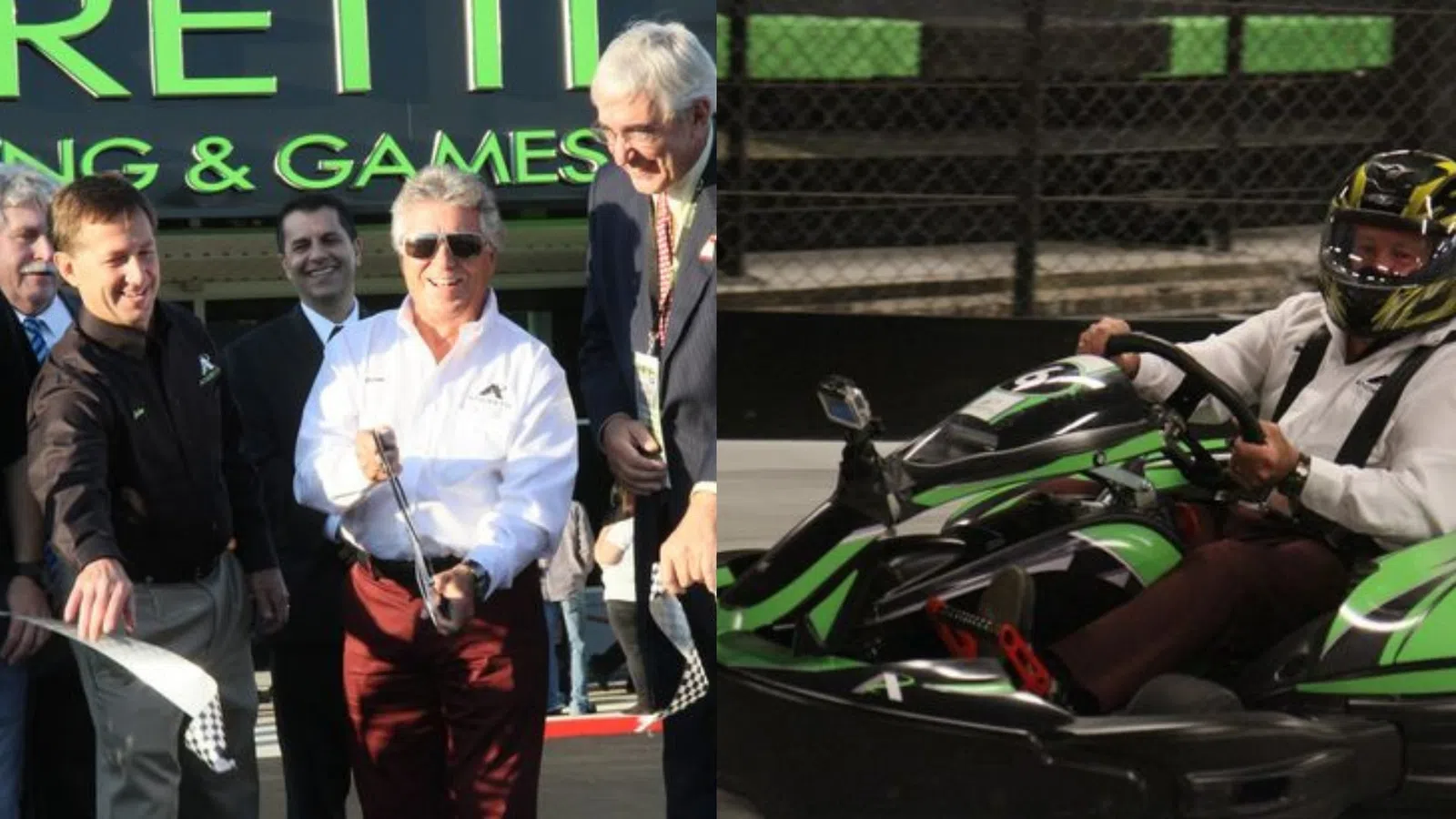 Group of men celebrating a go-kart racing event with ribbon cutting and a driver in green go-kart on track.