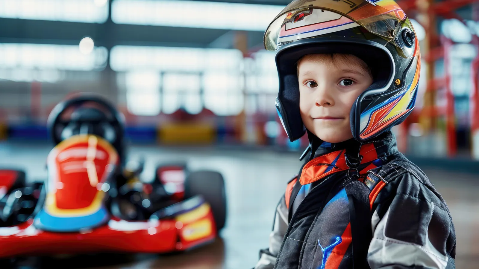 Young boy in racing gear and helmet standing next to a red go-kart in an indoor karting arena