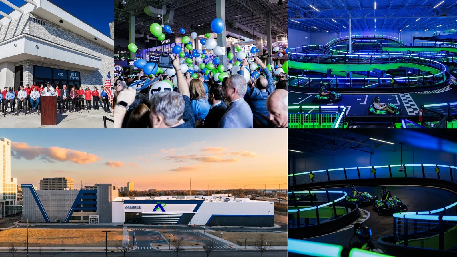Grand opening event of Amenity Indoor Karting with ribbon cutting, crowd celebration, and nighttime go-kart racing under neon lights.