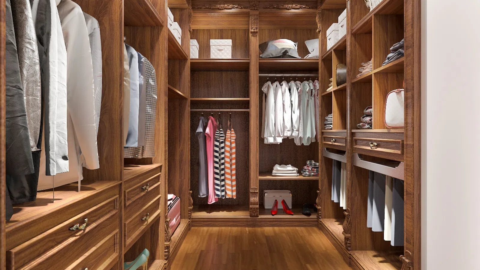 Spacious wooden walk-in closet with hanging clothes, shelves, drawers, and hardwood flooring in warm tones.