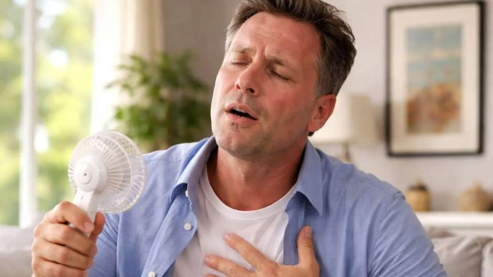 Man experiencing heat and discomfort while holding a handheld fan and touching his chest indoors.
