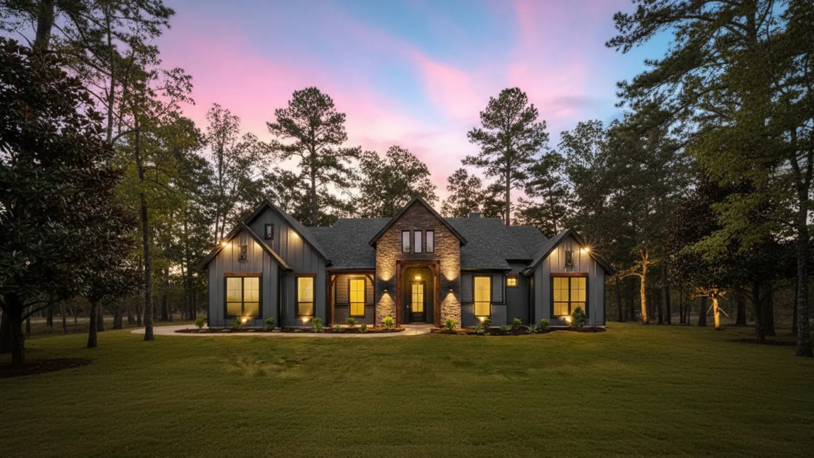 Outdoor lighting installation in Atlanta illuminating home exterior with landscape and facade lighting at dusk