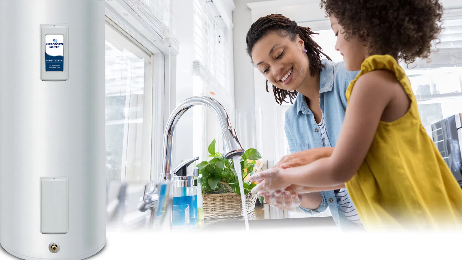 a person and a child looking at a plant in a sink