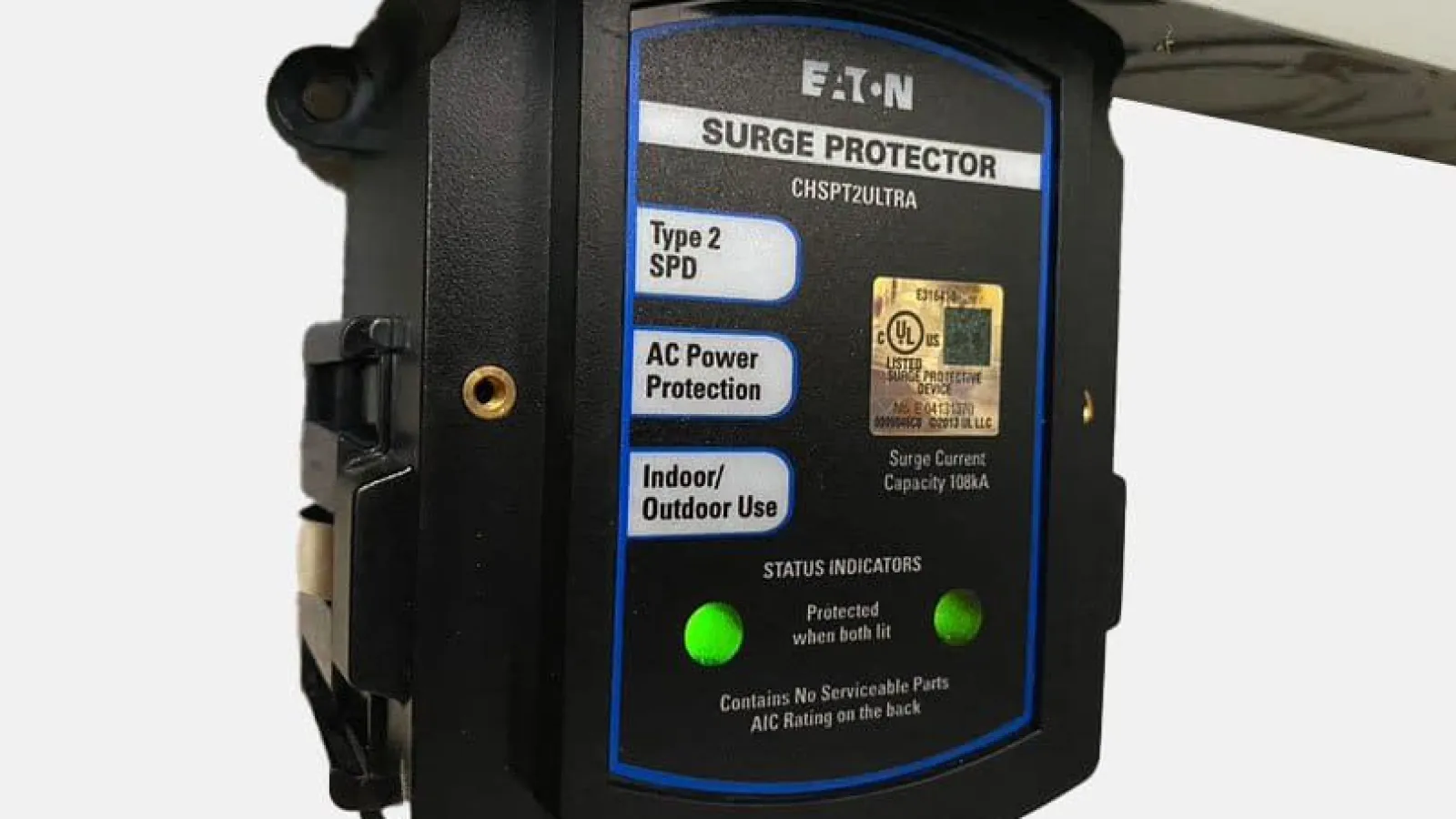 Eaton surge protector with indicators for AC power protection, suitable for indoor and outdoor use.