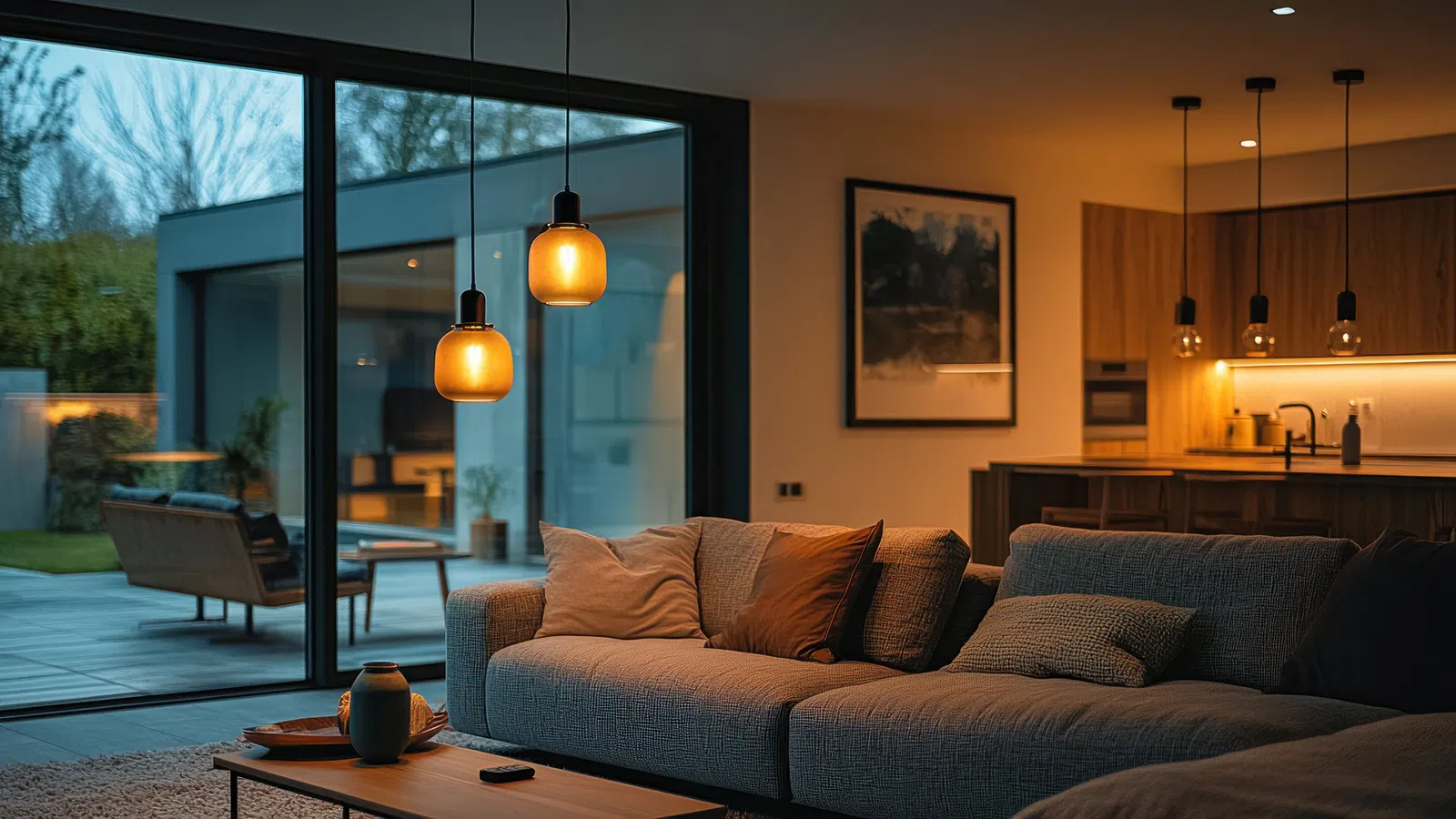Modern Atlanta home with interior lighting including pendant lights and ambient kitchen lighting