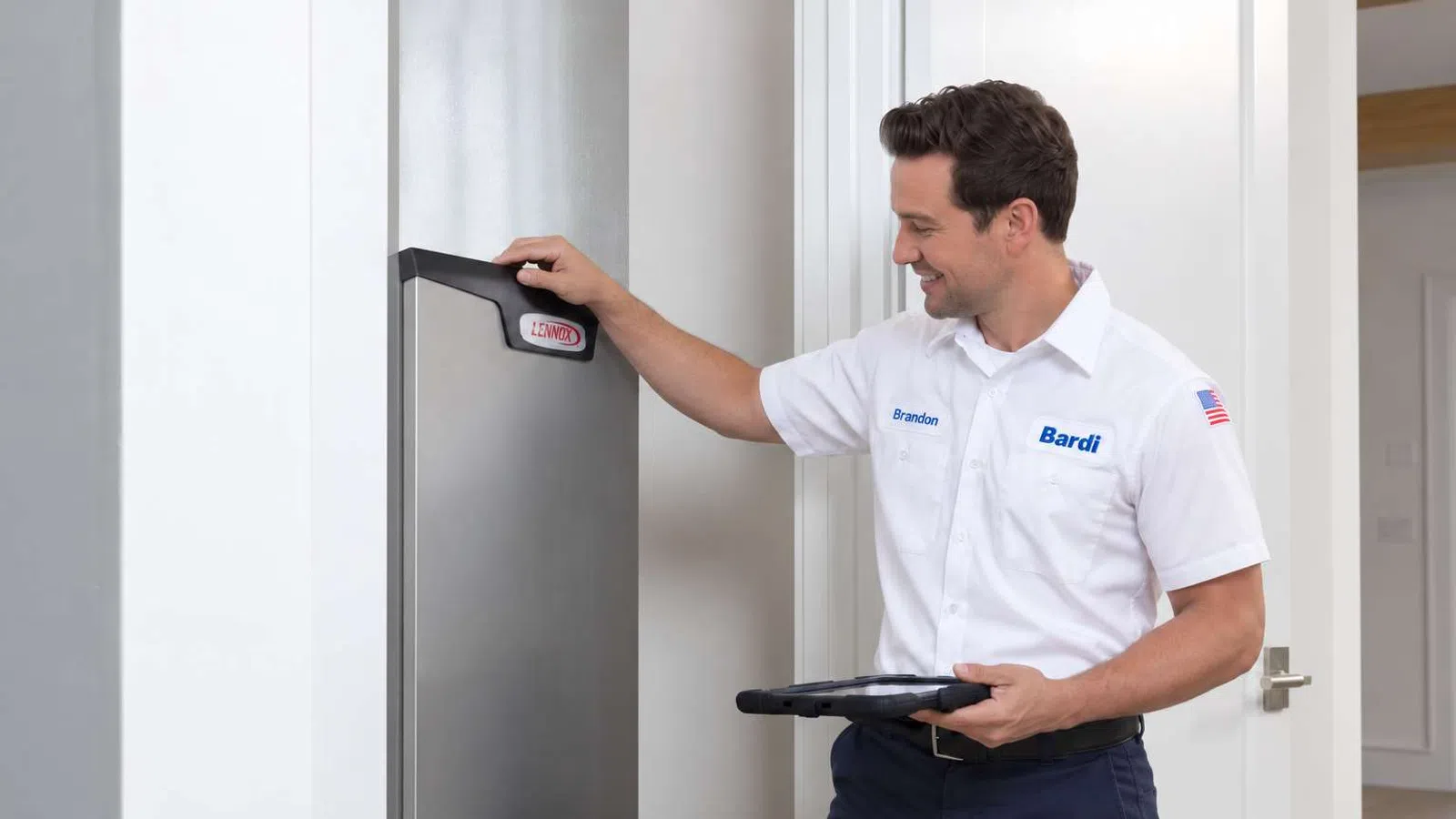 Bardi HVAC technician performing a residential Lennox furnace installation in Atlanta