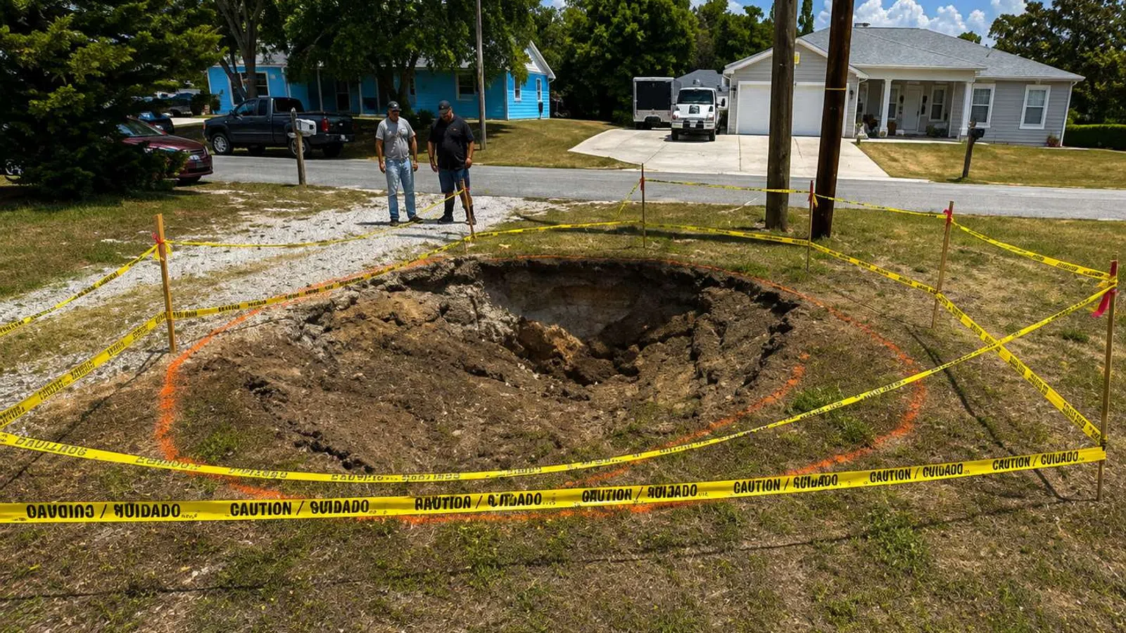 Large sinkhole in a grassy yard surrounded by orange safety fencing near residential houses