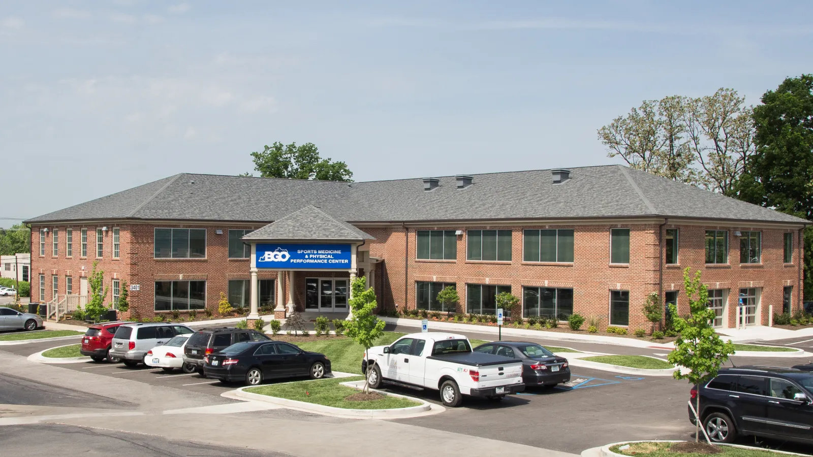 a parking lot in front of a building